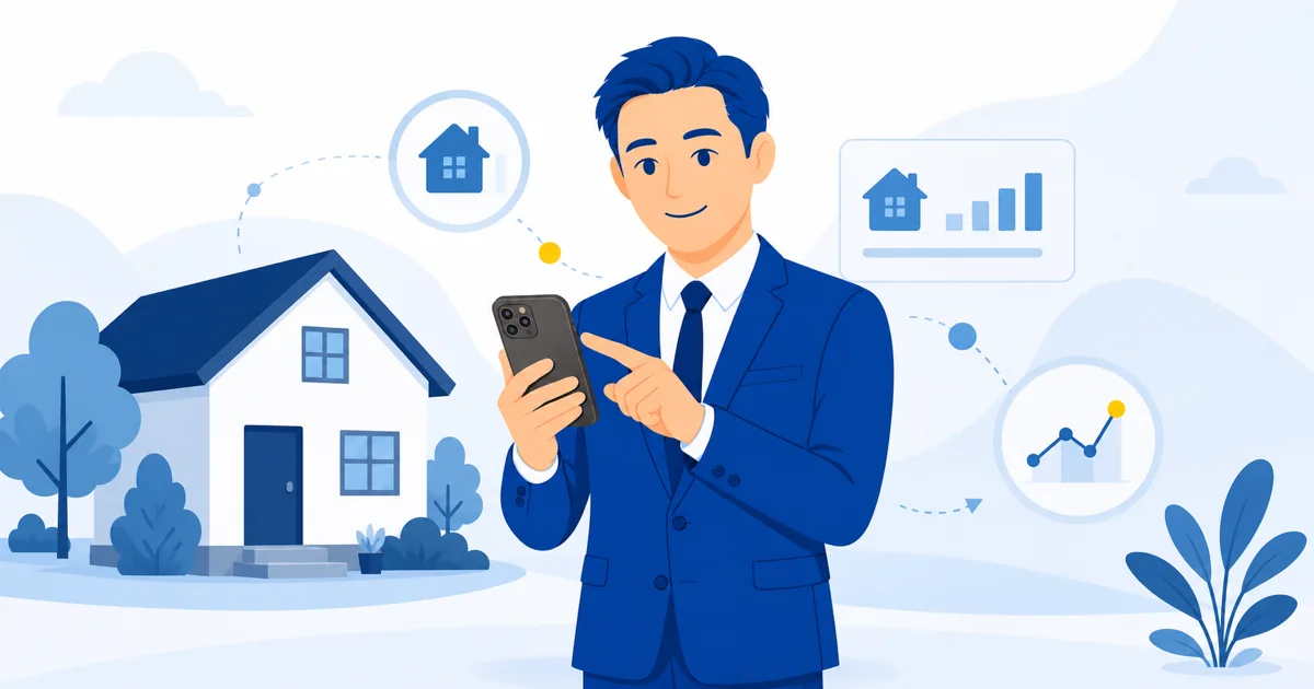 スマートフォンで戸建ての概算買取価格を確認する担当者のイラスト